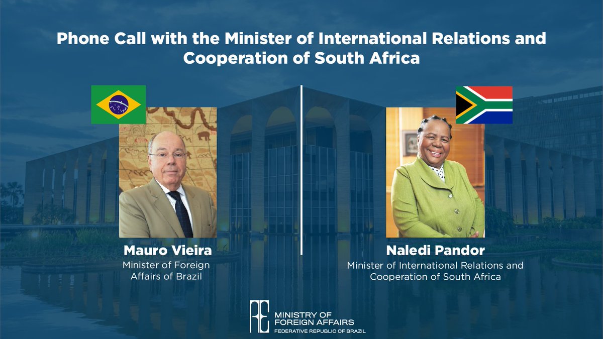 Today, Minister Mauro Vieira 🇧🇷 called the Minister of International Relations and Cooperation of South Africa 🇿🇦, Naledi Pandor. They talked about the @g20org, the bilateral joint commission meeting, to be held in Brasilia on April 23rd, and multilateral issues. @DIRCO_ZA