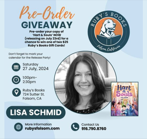 Mark Your Calendars Nor-Cal Peeps! 📣 I'm so excited to have my launch party for HART & SOULS (7/23/24 @amp_kids) at my local indie Ruby's Books in Folsom, CA ! I will be in-conversation with superstar middle grade author, Beth McMullen. #BookLaunch #MGLit #mgbookchat