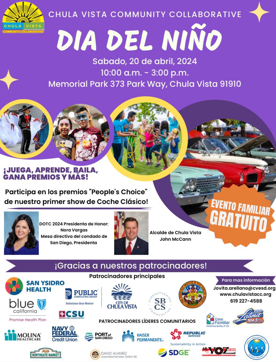 🚨 Breaking News 🚨 More sponsors have jumped onboard! We can’t wait to see you all in 18 days! 🤩 
#ChulaVistaCommunityCollaborative #CVCC #SDGE #ChulaVista #DayOfTheChild #DiaDelNiño #MemorialPark #Family #Familia #Free #Gratis #SanDiego #CVESD