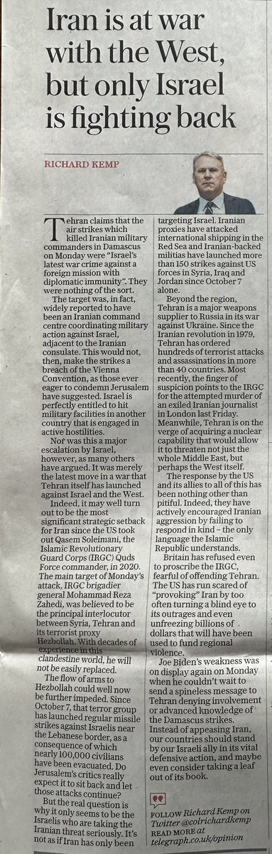 Iran is at war with the West but only Israel is fighting back. My article in today’s Telegraph.