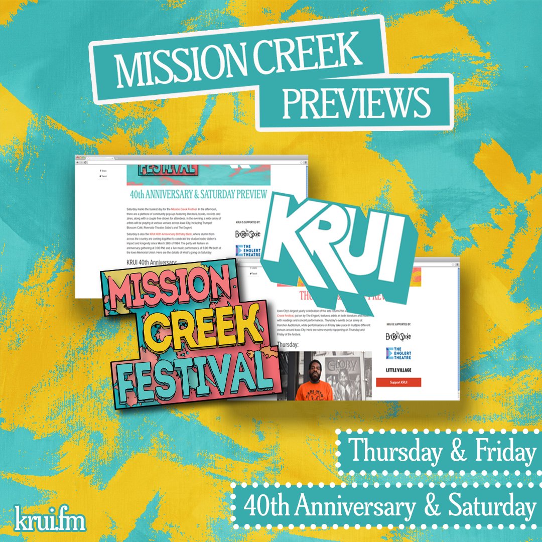 KRUI 89.7 FM (@krui) on Twitter photo We’re getting ready for <a href="/missioncreekic/">Mission Creek</a> this weekend!! To prepare check out our previews for the whole weekend, including our 40th anniversary lineup - now up on our site or the link in bio!🎤🌟🎸 We’re getting ready for <a href="/missioncreekic/">Mission Creek</a> this weekend!! To prepare check out our previews for the whole weekend, including our 40th anniversary lineup - now up on our site or the link in bio!🎤🌟🎸