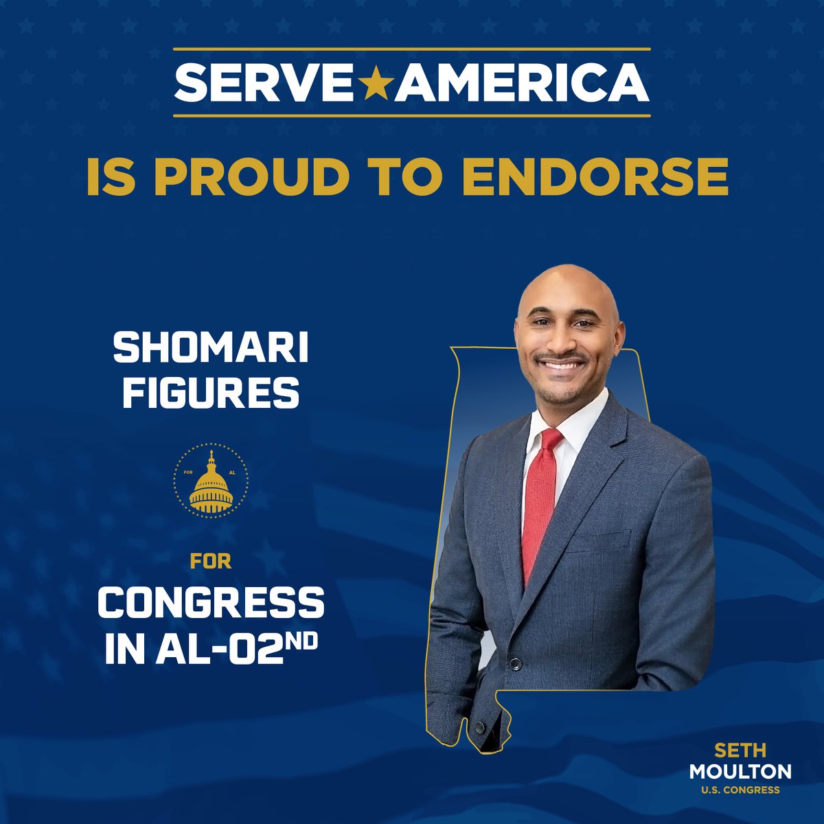 .@ShomariFigures is a devoted public servant. From serving in the Obama @WhiteHouse to working at @TheJusticeDept under AG Garland, Shomari has consistently fought for Alabamans. Now he’s running to represent them in D.C. Serve America and I are proud to endorse him for AL-02.