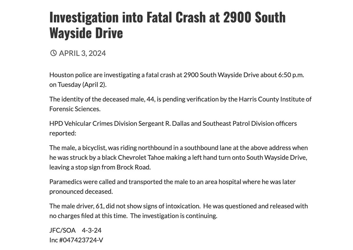 A 44-year-old man was struck and killed while bicycling near the intersection of Brock Road and Wayside Drive on Tuesday. According to @houstonpolice, the victim was struck by the driver of a left-turning @chevrolet Tahoe.