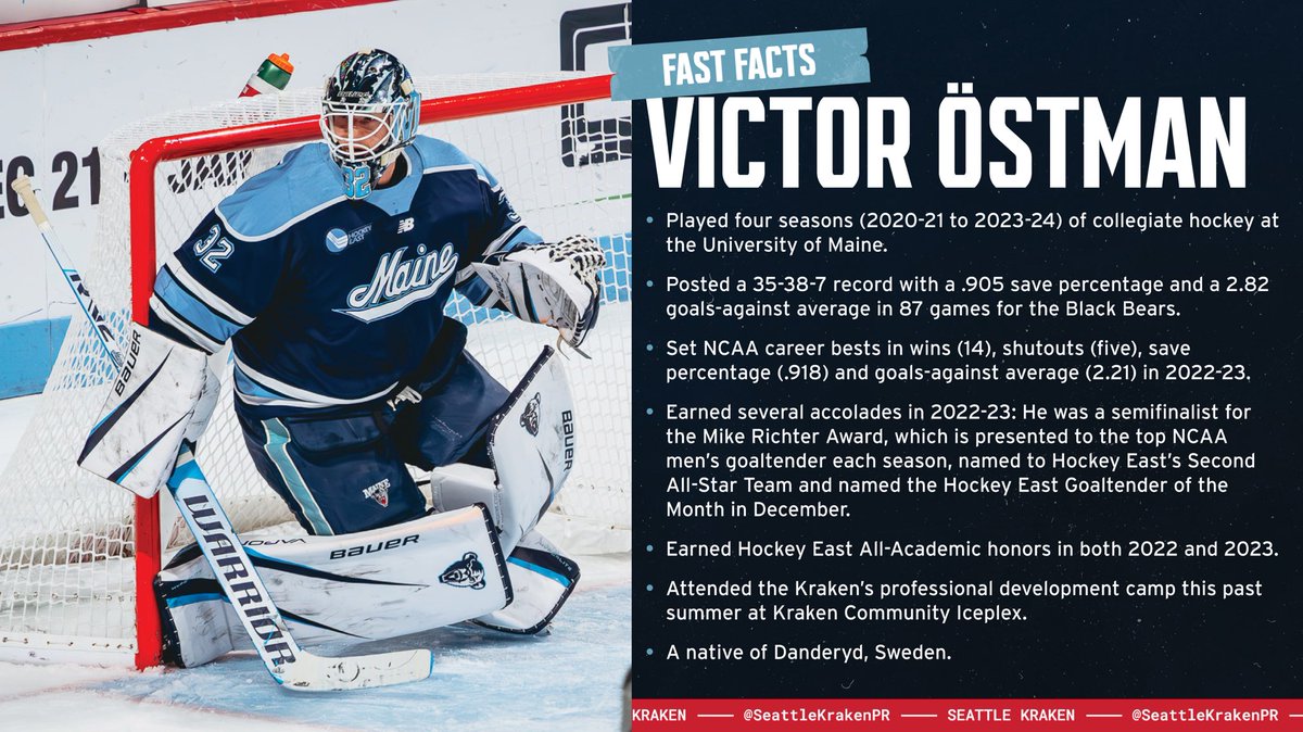 The #SeaKraken have signed goaltender Victor Östman to a two-year, entry-level contract.