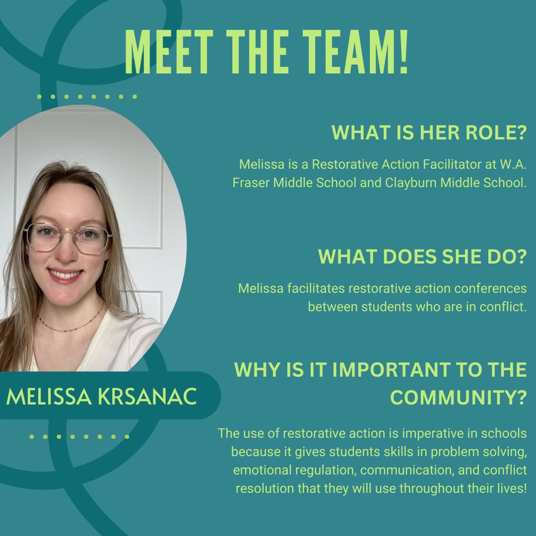 Everyone meet Melissa! Melissa works as a restorative action facilitator in Middle schools throughout the Fraser Valley. She facilitates restorative action conferences for students dealing with conflicts!

Melissa is an important member of ARJAA and the community!

#ARJAA