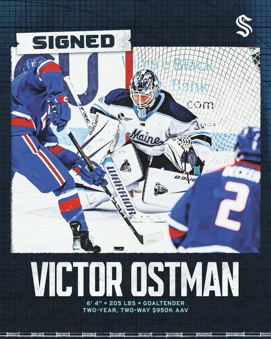 graphic featuring image of goaltender victor ostman in goal during a game. Victor is in his Maine goalie pads

Light blue text notes his height, weight, forward and contract details.