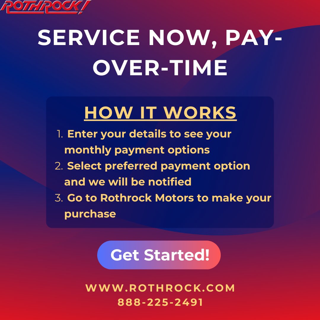 If you are unsure you can pay for your service all at once, you can get your service now and pay-over-time! There is no hard credit check, a 90% approval rating, and lightning fast response times! Get started today at Rothrock Motors! bit.ly/3PIFdk3