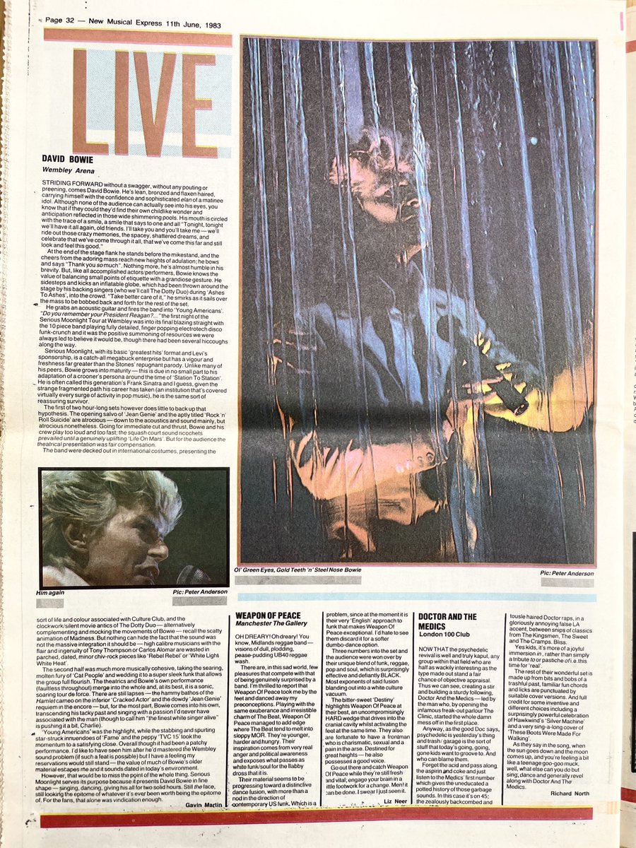 David Bowie, Weapon Of Peace, Doctor And The Medics. Live reviews by Richard North, Liz Neer, Gavin Martin. Pics by Peter Anderson. New Musical Express, 11 June 1983.