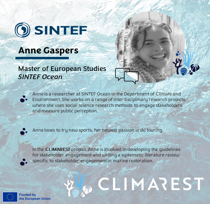 #FacesOfCLIMAREST - Anne Gaspers

🧠 Anne is working closely with #stakeholderengagement in WP2. She is also co-ordinating a #socialcampaign in WP4 #ArcticEcosystems to help reduce #marinepollution pressures in #Longyearbyen.

#MissionOcean #HorizonEU #climarest #EUMissions