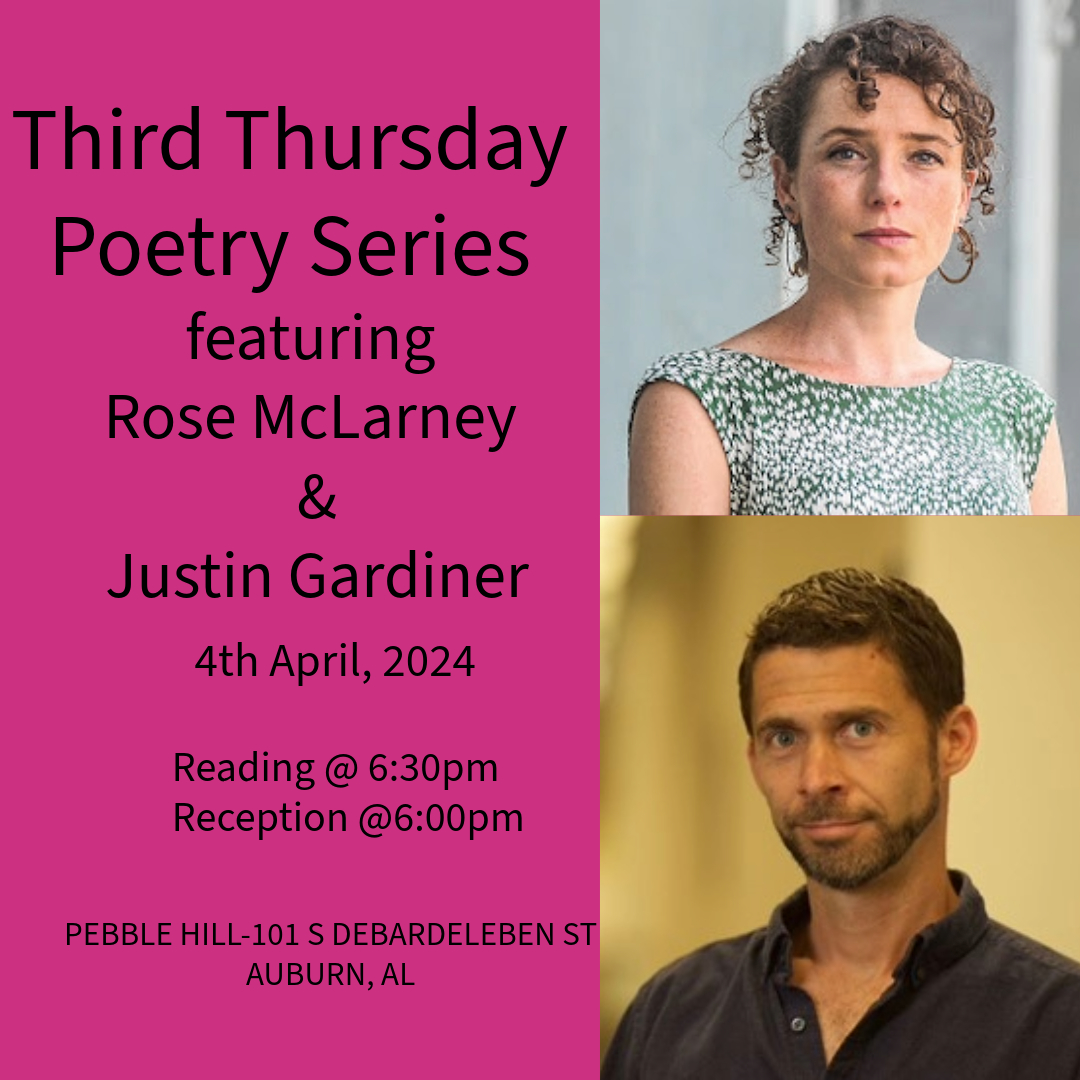 Join us TONIGHT for our Third Thursday reading with Auburn professors Rose McLarney and Justin Gardiner! Reception at 6 PM, and reading at 6:30 PM. More info: cla.auburn.edu/cah/programs/t… #auburnalabama #poetry #poetryreading