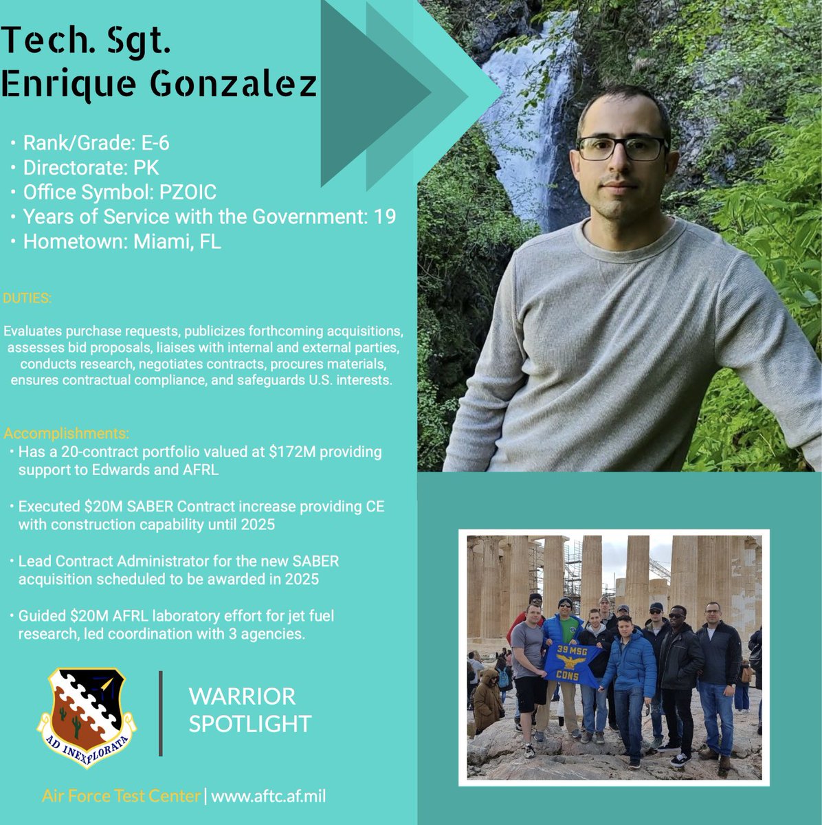 Warrior Spotlight Tech. Sgt. Enrique Gonzalez is making waves at the Air Force Test Center with his exceptional procurement and contract administration skills! Gonzalez's dedication is driving mission success! 🇺🇸 #WarriorSpotlight #airforcetestcenter #unitedstatesairforce