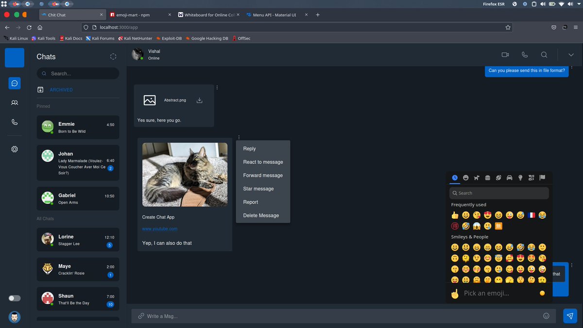 Vishal_ch08's tweet image. Day 15 of the #100DaysOfCode Challenge 

Today , I implemented emoji picker and action fab icons in our chat application 

#100daysofcodechallenge #learning #programming #reactjs #webdev #react #developer #development