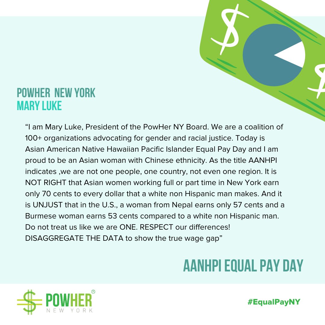 'As the title AANHPI indicates, we are not one people, one country, not even one region. It is NOT RIGHT that Asian women working full or part time in New York earn only 70 cents to every dollar that a white non Hispanic man makes.' - @nyprez_unwomen #AANHPIEqualPay #EqualPayNY