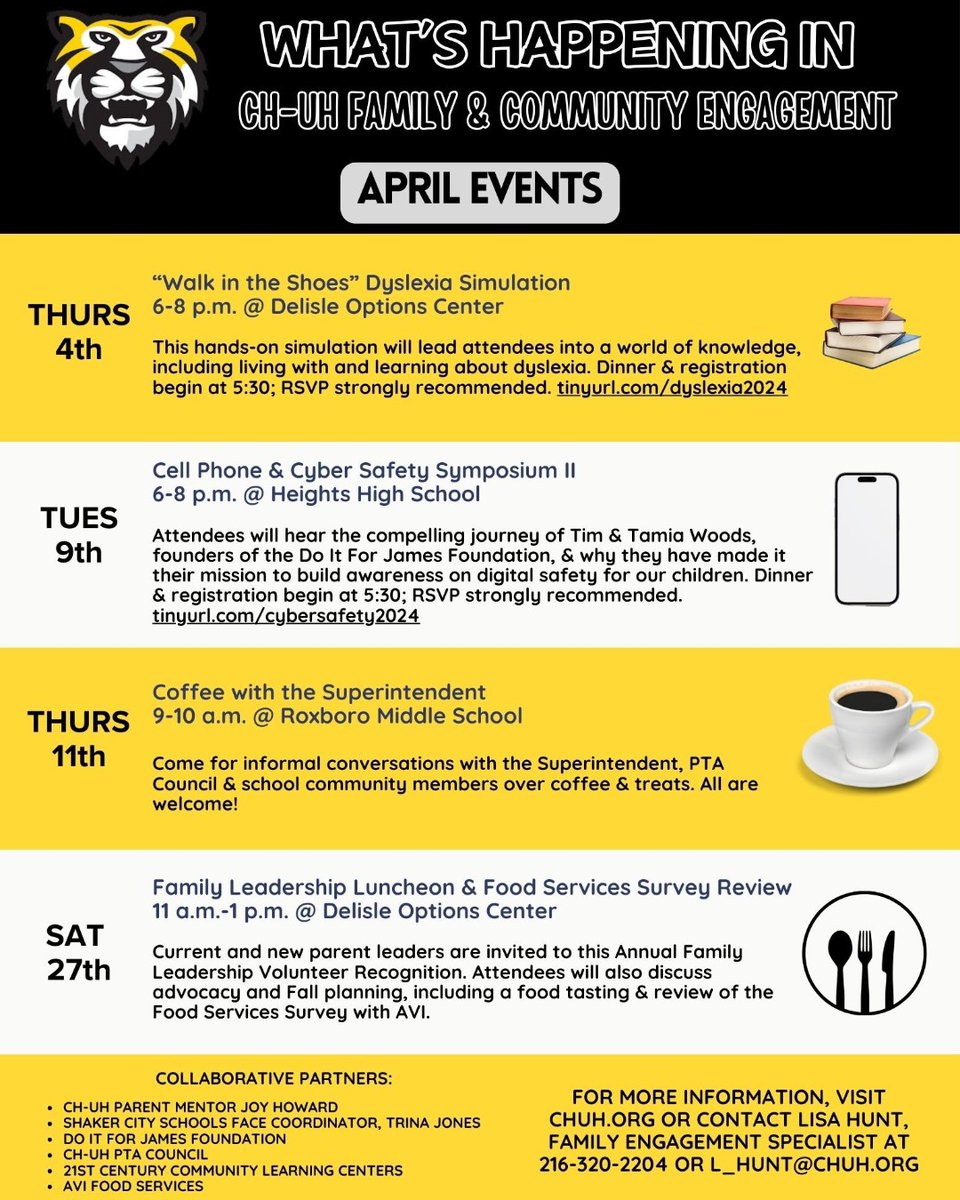 Hey 🐯 Nation Here is a list of what's Happening this month in the Family & Community Engagement Department.