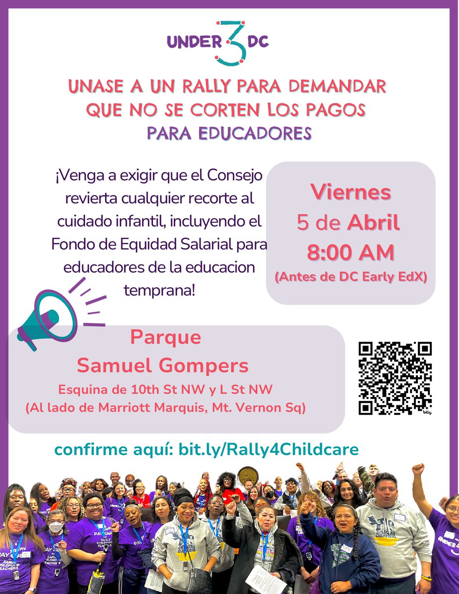 CentroNía community 📢📢📢 The Early Educator Pay Equity Fund is in danger of being cut. On Friday, April 5th @Under3DC will hold a rally to fight to protect the compensation of the thousands of childcare workers.

#payequityfund #ece #educators #earlylearning #earlyeducators