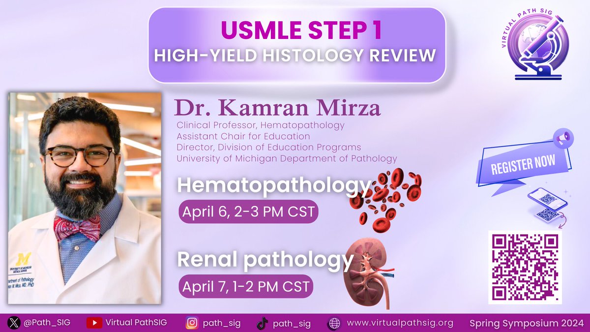 🌟 Don't miss out on our Special Event! 🌟 Join us with @KMirza for a high-yield histology Step 1 review covering Hematopathology & Renal Pathology Histology! 🔬 REGISTER NOW! 👉 virtualpathsig.org/spring-symposi…