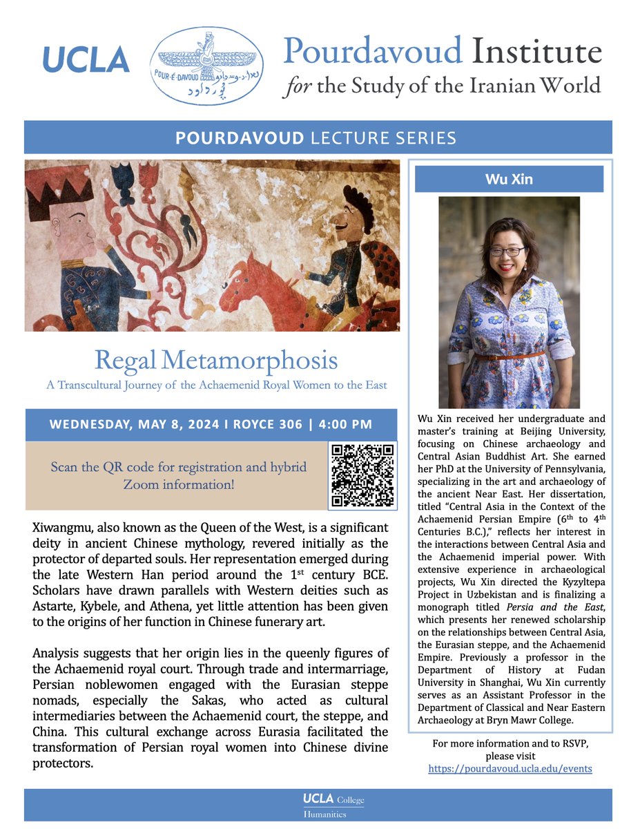 Join us at our upcoming event!

Regal Metamorphosis: A Transcultural Journey of the Achaemenid Royal Women to the East

In-Person Lecture in Royce 306 (Zoom option available)

Registration Required: pourdavoud.ucla.edu/event/pourdavo…