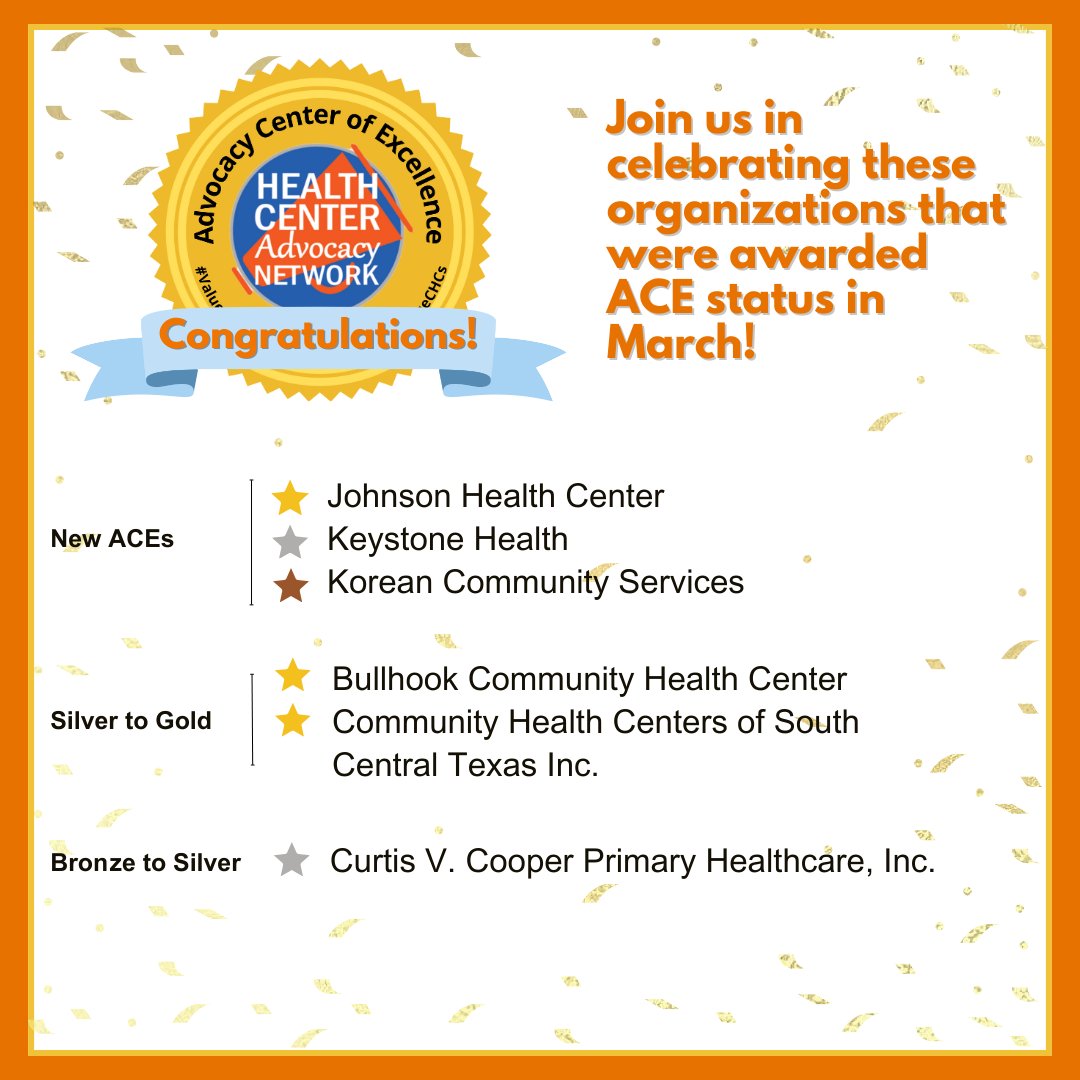 Congratulations to these organizations who have achieved new or upgraded ACE status in March 2024! 🎉👏
#ValueCHCs

<a href="/JohnsonHealth/">Johnson Health Center</a>, <a href="/KeysHealthPA/">Keystone Health</a>, <a href="/KCSHealthCenter/">KCS Health Center</a>, <a href="/BCHC4EVERYONE/">Bullhook Community Health Center</a>, <a href="/CHCSCT/">Community Health Centers of South Central Texas</a>, and Curtis V. Cooper Primary Healthcare, Inc.