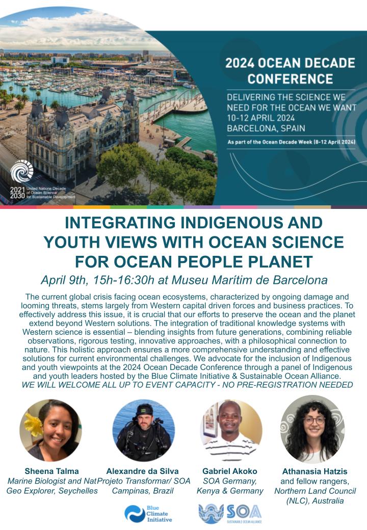 Blue Climate Initiative (@blueclimate) on Twitter photo Headed to the <a href="/UNOceanDecade/">UN Ocean Decade</a> conference next week? Please join us and <a href="/SOAlliance/">Sustainable Ocean Alliance (SOA)</a> for a panel featuring Indigenous and youth speakers from across the globe on integrating their views with ocean science.
Tuesday, April 9 3:00 - 4:30 pm at <a href="/arxiummb/">Arxiu Museu Marítim de Barcelona</a> Headed to the <a href="/UNOceanDecade/">UN Ocean Decade</a> conference next week? Please join us and <a href="/SOAlliance/">Sustainable Ocean Alliance (SOA)</a> for a panel featuring Indigenous and youth speakers from across the globe on integrating their views with ocean science.
Tuesday, April 9 3:00 - 4:30 pm at <a href="/arxiummb/">Arxiu Museu Marítim de Barcelona</a>