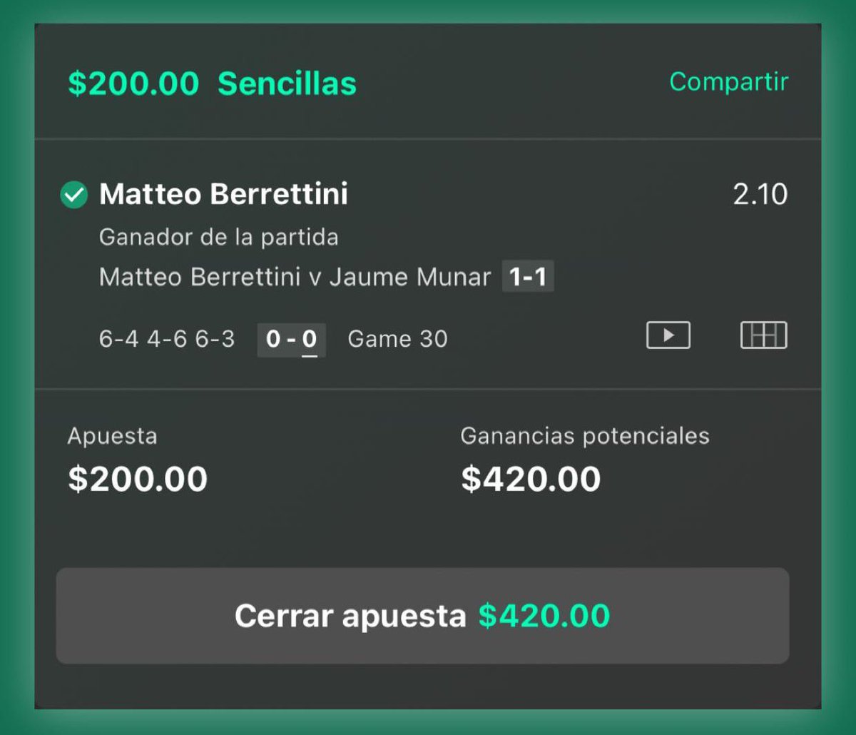 PiwuizaPicks's tweet photo. BOOOOOOOM 💥💥💥
La apuesta de nuestro grupo premium es VERDEEEE ✅✅✅
Gran lectura que nos da un verde sin sufrir 🎾✅💸

#GamblingTwitter #TwitterApuestas #ATP https://t.co/bxnLsw6YE9