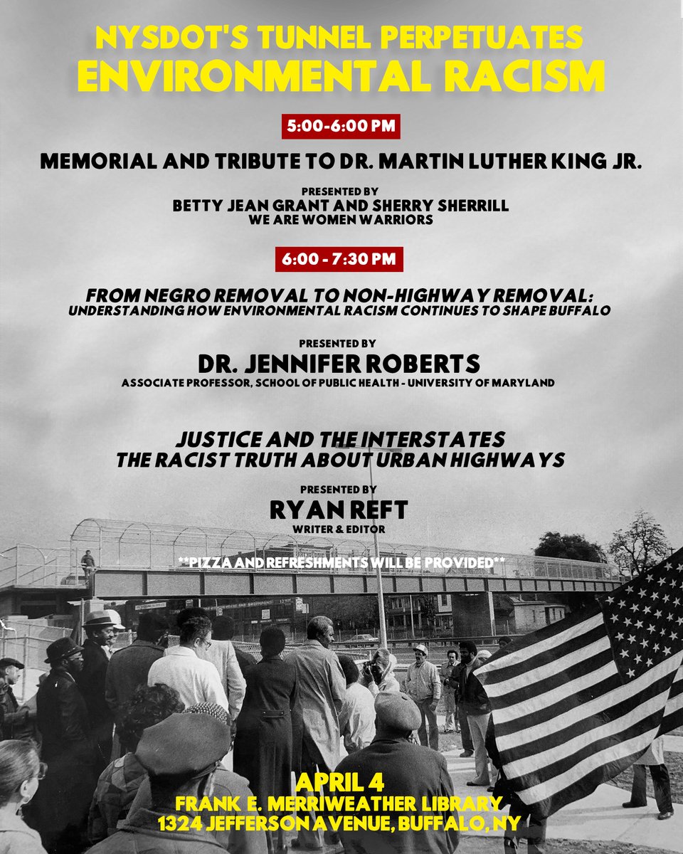 If you're in Buffalo tomorrow, come down and listen to @ActiveRoberts, myself, and the East Side Parkways Coalition discuss better solutions for the city than the proposed tunnel ie. the restoration of the Humboldt Parkway at the Frank E. Merriweather Jr. Library