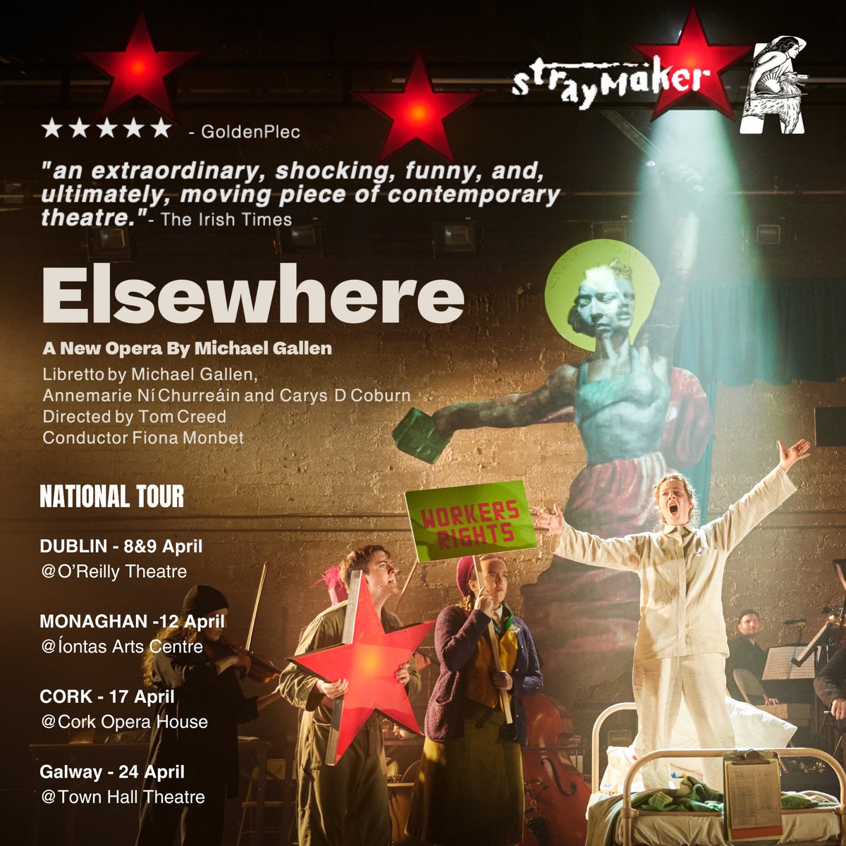 5 days until we open our Irish tour of “Elsewhere”! Opening April 8/9 at @OReillyTheatre (Dublin), then April 12th @iontastheatre (Castleblayney), April 17th @CorkOperaHouse & April 24th @THTG (Galway). A @stray_maker and @AbbeyTheatre copro. ✊TICKETS 👉 abbeytheatre.ie/whats-on/elsew…