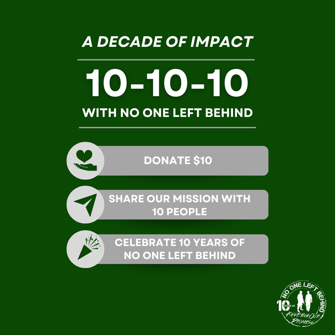 This year we're celebrating a decade of impact and are inviting you to join us! By donating $10 or more and sharing our mission with 10 people in your network, you can be a part of ensuring America's promise is honored for years to come. LEARN MORE: nooneleft.org/10-years-of-no…