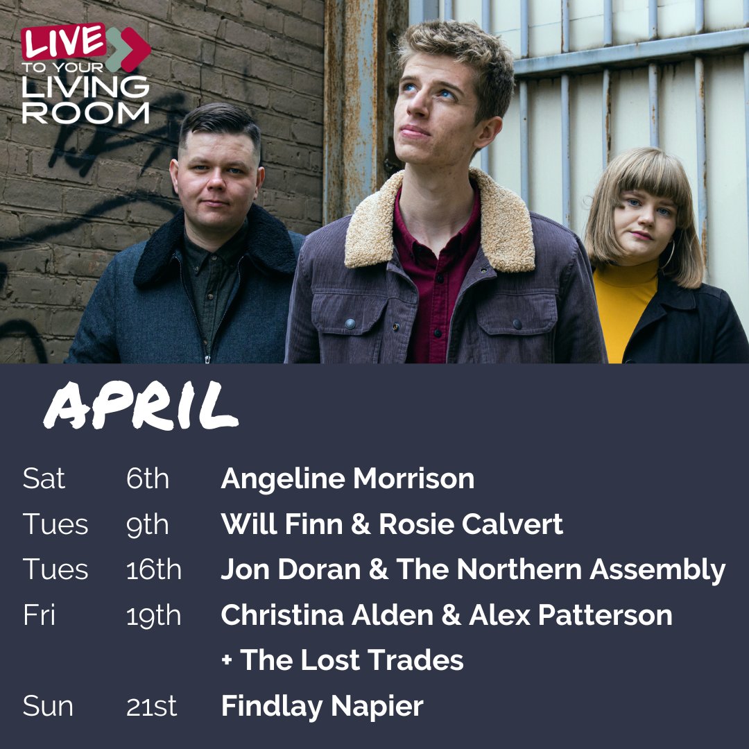 Coming up this month... - Sat 6th - Angeline Morrison (@angelcakepie) - Tues 9th - Will Finn & Rosie Calvert - Tues 16th - Jon Doran & The Northern Assembly - Fri 19th - Christina Alden & Alex Patterson + @thelosttrades - Sun 21st - Findlay Napier livetoyourlivingroom.com/events/