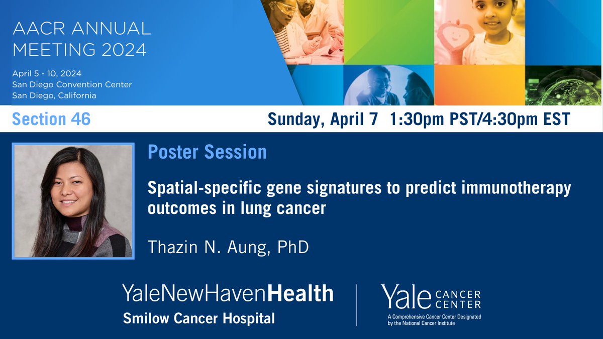 Yale Cancer Center (@yalecancer) on Twitter photo Starting at 1:30pm PST/4:30pm EST in Section 46, Dr. Thazin Aung @RimmPathology will be sharing how spatial-specific signatures predict the #immunotherapy outcome in #lungcancer with high accuracy. #AACR24
abstractsonline.com/pp8/#!/20272/p…
<a href="/SmilowCancer/">Smilow Cancer Hospital</a> <a href="/YaleMed/">Yale School of Medicine</a> <a href="/YNHH/">Yale New Haven Hosp</a> <a href="/yalepathology/">Yale Pathology</a> Starting at 1:30pm PST/4:30pm EST in Section 46, Dr. Thazin Aung @RimmPathology will be sharing how spatial-specific signatures predict the #immunotherapy outcome in #lungcancer with high accuracy. #AACR24
abstractsonline.com/pp8/#!/20272/p…
<a href="/SmilowCancer/">Smilow Cancer Hospital</a> <a href="/YaleMed/">Yale School of Medicine</a> <a href="/YNHH/">Yale New Haven Hosp</a> <a href="/yalepathology/">Yale Pathology</a>