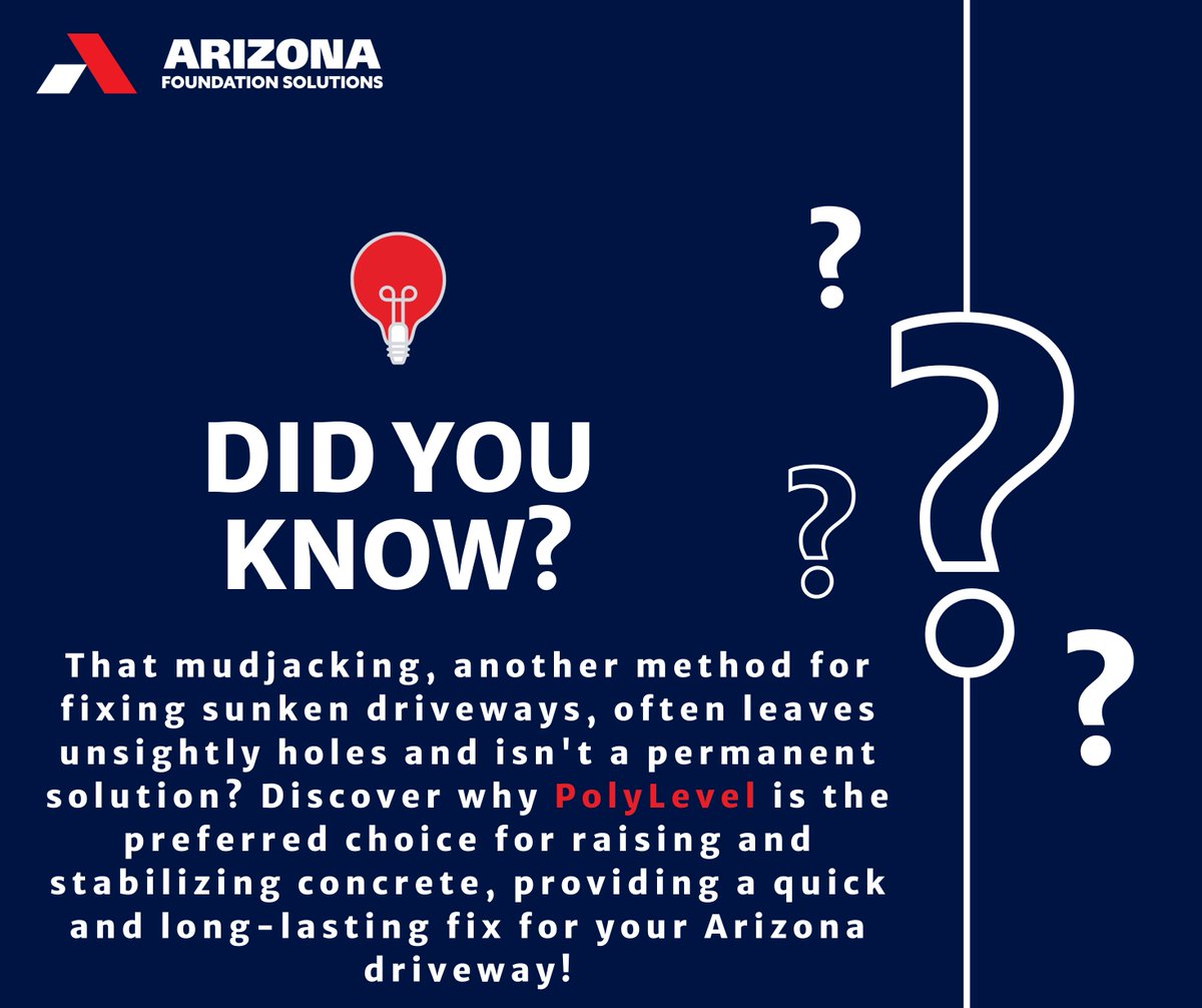 Did you know mudjacking can leave unsightly holes? Polylevel offers a quick, long-lasting fix for your Arizona driveway, ensuring stability and a seamless surface

#Explore #concrete #Concreterepair #stemwall #stemwallrepair #arizona #cracks
(602) 470-1311
foundationrepairsaz.com/concrete-repai…