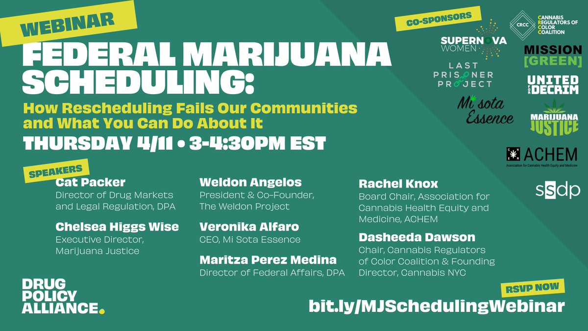 Curious about potential changes to marijuana's status as a federally controlled substance? Join us for our webinar with experts and advocates who will explain what's going, what it means, and how to join efforts to decriminalize marijuana! Sign up today: bit.ly/MJSchedulingWe…