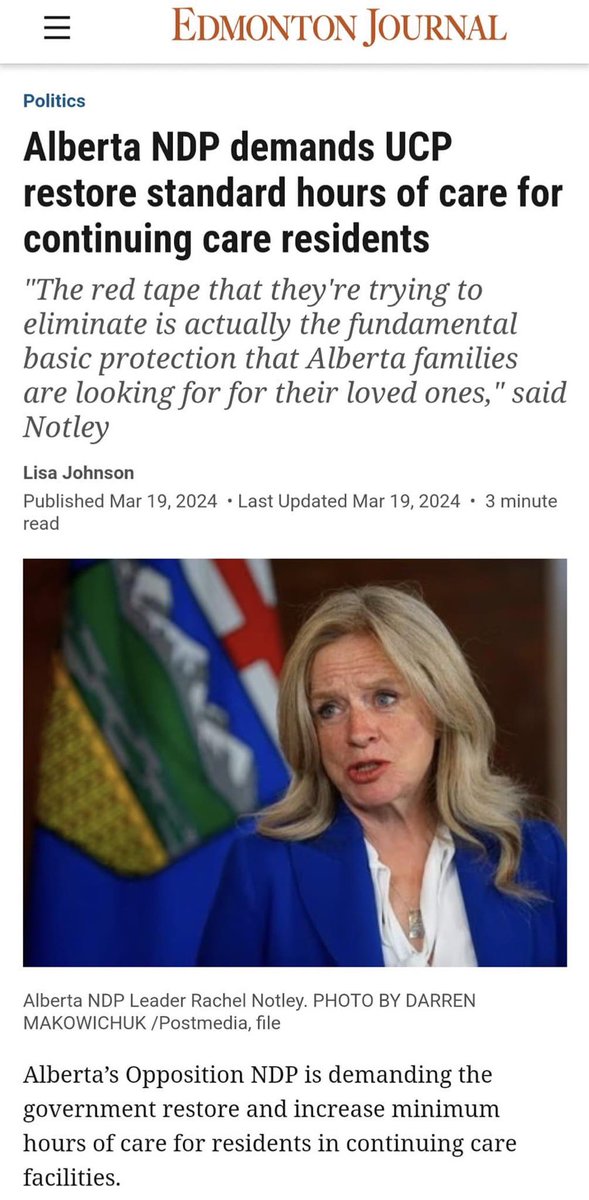 The UCP must restore the minimum number of care hours that residents in long term & continuing care facilities receive! This government’s decision to remove the minimum hours of care is a direct attack on public healthcare & the well-being of seniors and all Albertans. #AbLeg