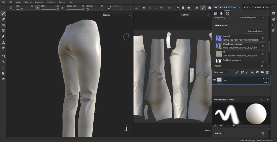 New project. For real-time apps and supposed to run on mobile. High-poly made in #Clo3D, turned to middle-poly automatically by reducing particle distance. All details (e.g. pockets) and redundant layers stripped manually. Here's the bake in SP: Normals + AO.

#3D #DigitalClothes