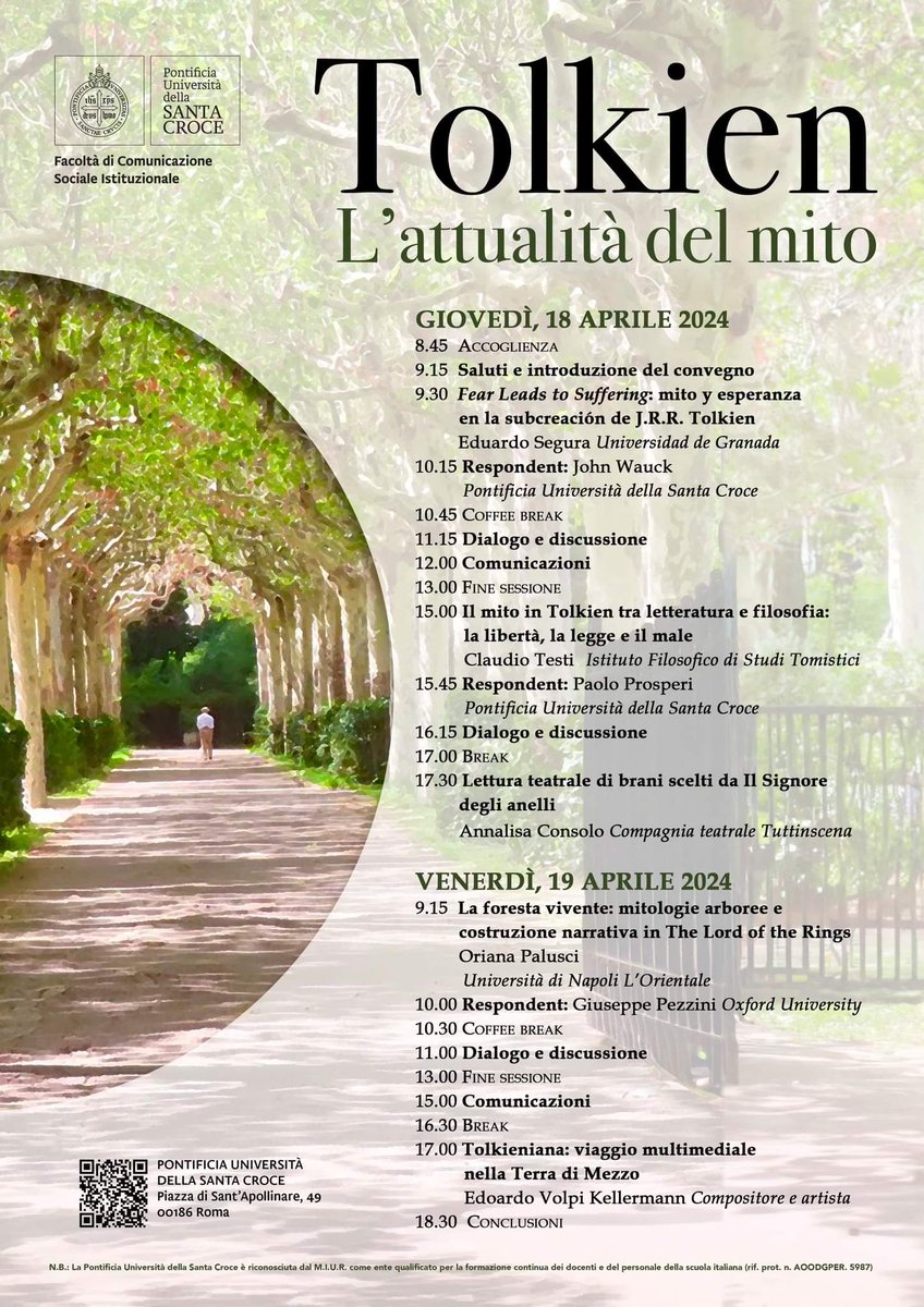 Giovedì #18Aprile, presso la Facoltà di Comunicazione Sociale Istituzionale della <a href="/UniSantaCroce/">Pontificia Università della Santa Croce</a> in Roma, avrà inizio una due giorni di incontri su Tolkien dal titolo Tolkien - L' attualità del mito.
Interverrà il nostro <a href="/evkmusic/">Evk - The Montecristo Project</a> 
Ascolta "Rivendell"
🎧 youtu.be/bEDCQRlgzBs