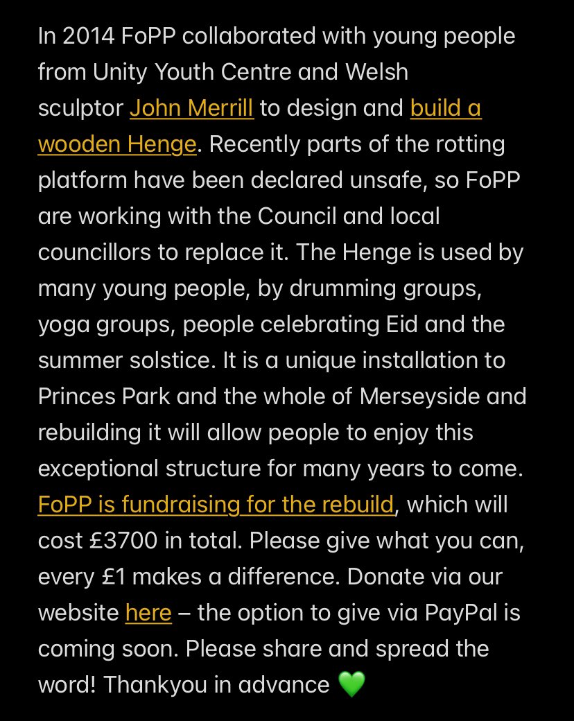 REBUILDING PRINCES PARK HENGE PLATFORM - WE NEED YOUR HELP! Please give what you can, every £1 makes a difference. Donate via our website here – the option to give via PayPal is coming soon. Please share and spread the word! Thankyou in advance 💚 friendsofprincesparkl8.org.uk