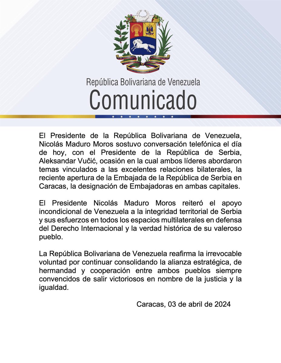 #Comunicado 📢 El Presidente de la República Bolivariana de Venezuela, <a href="/NicolasMaduro/">Nicolás Maduro</a> sostuvo conversación telefónica el día de hoy, con el Presidente de la República de Serbia, Aleksandar Vuc‌ic‌, ocasión en la cual ambos líderes abordaron temas vinculados a las excelentes