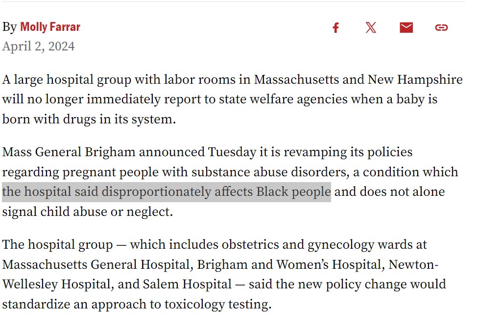 UNREAL. The Mass General Brigham Hospital system will no longer report babies who are born with d*rugs in their system to child welfare because it 'disproportionately affects Black people.' Reporting child neglect is now racist.