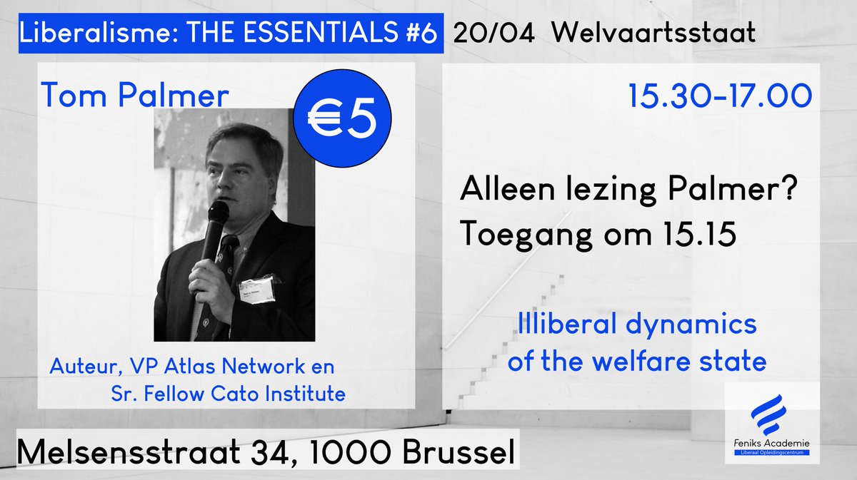 Onze laatste gast op 20/04/2024 is niemand minder dan Tom Palmer <a href="/tomgpalmer/">Tom G Palmer</a>.

OPGELET: 
Voor deze ronkende naam zetten we de deuren open voor een breder publiek. Wie wil, kan enkel zijn lezing volgen, voor slechts 5 euro.

Inschrijven via feniksacademie.be/?p=182

Allen welkom!