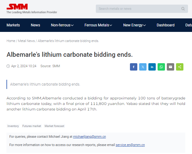 jczuleta's tweet image. #Albemarle's battery-grade #lithium carbonate auction: news.metal.com/newscontent/10… 
This is very interesting. Did $ALB follow my advice? The resulting price is not significantly different from the spot price. This completely dismisses the idea that Li2CO3 is a specialty chemical.