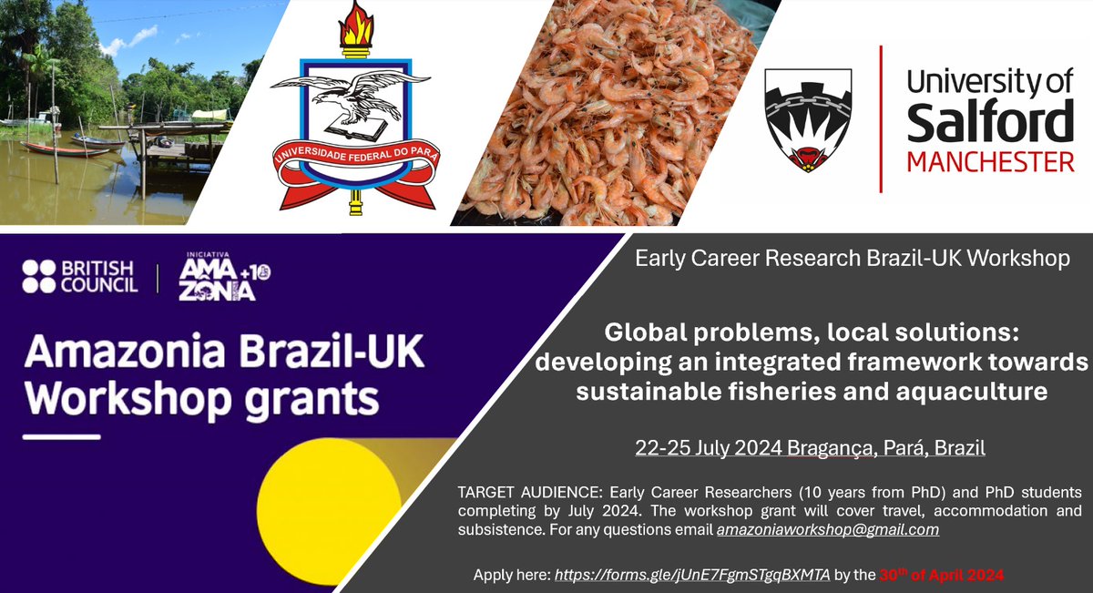 For Brazilian or UK-based early career researcher interested in 🦐 🐟. Join us in July in Bragança, Brasil for the workshop "Global problems, local solutions: developing an integrated framework towards sustainable fisheries and aquaculture". Apply here forms.gle/jUnE7FgmSTgq