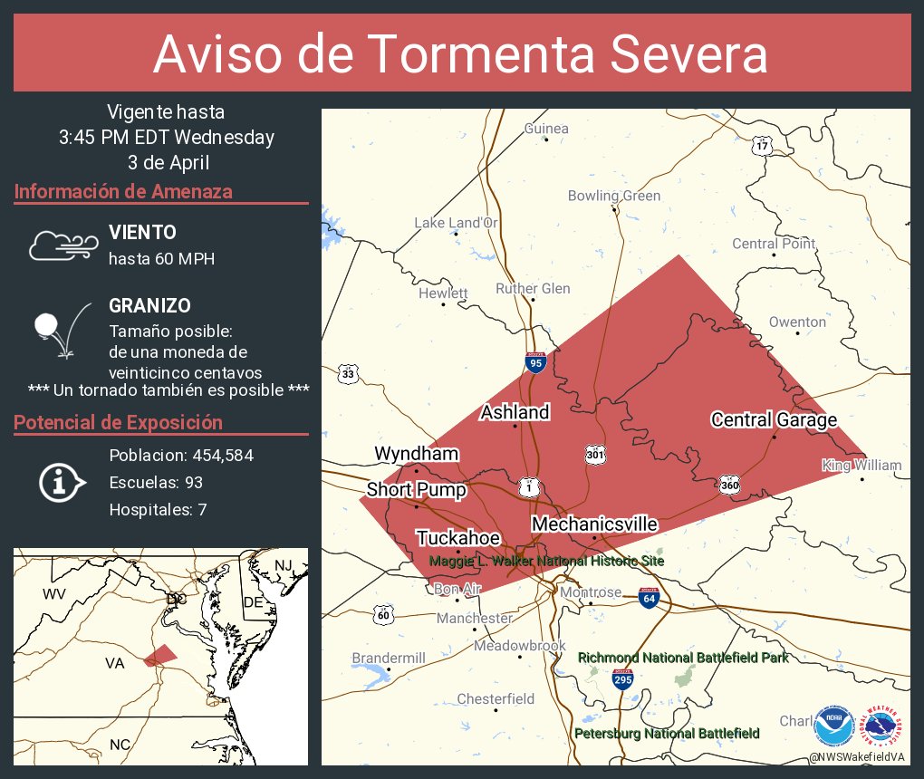 Aviso de Tormenta Severa incluye Tuckahoe VA, Mechanicsville VA, Short Pump VA hasta las 3:45 PM EDT