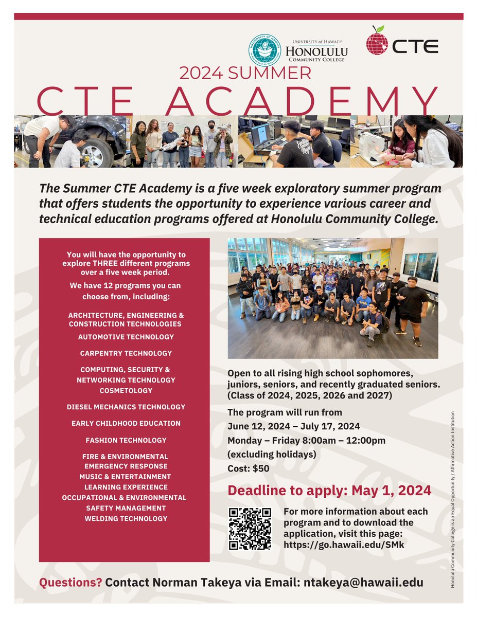 The deadline to send your high school students to this 5-week exploratory summer program is May 1. Use the QR code to get to the application and for more information. The students will have an opportunity to explore programs of their choice.