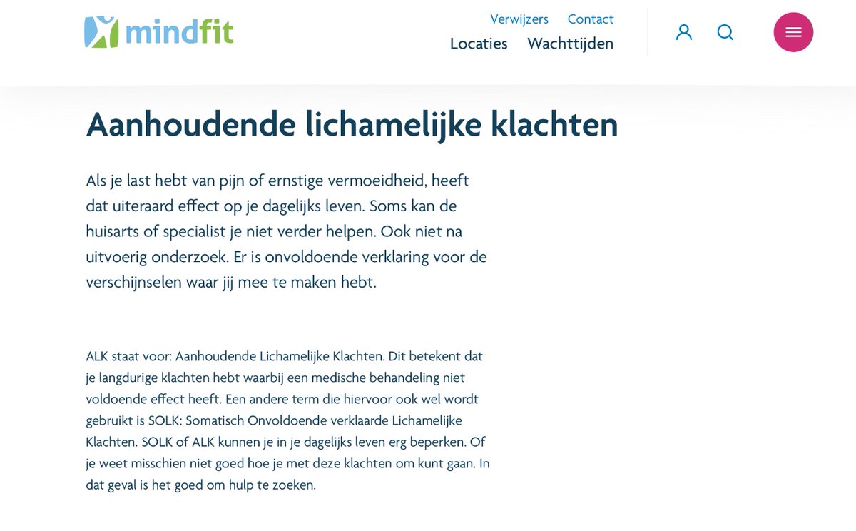 Iefsworld's tweet image. Weet met wie wordt samen gewerkt. De psychologische zorg gebeurd in de vermoeidheidkliniek door Mindfit: ernstige vermoeidheid: ALK/SOLK. behandelen: CGT. Mindfit wordt slechts vergoed als je een DSM (psychiatrische) diagnose hebt. Tot zover het biomedische ME nieuws
#pwME #MECVS