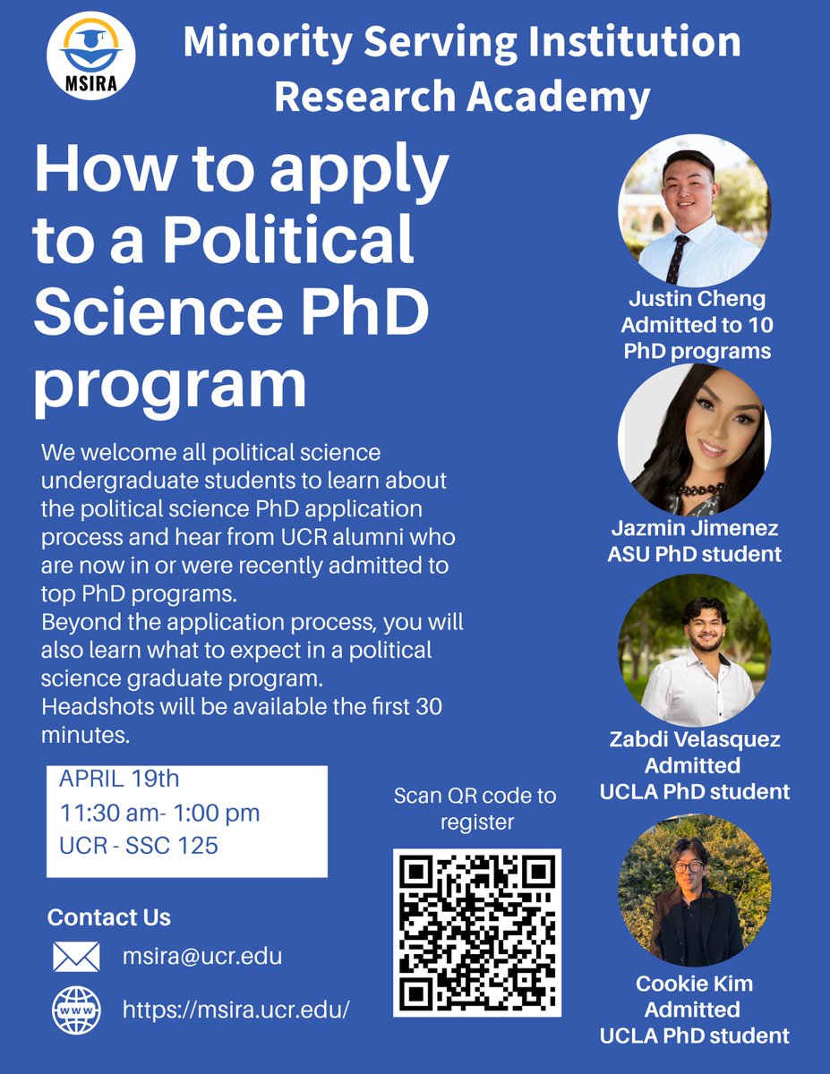 Calling all Political Science undergraduate majors! Learn how to apply to apply to a Political Science PhD program. On Friday, April 19 from 11:30 a.m. - 1 p.m.

Learn more: events.ucr.edu/event/how-to-a…
