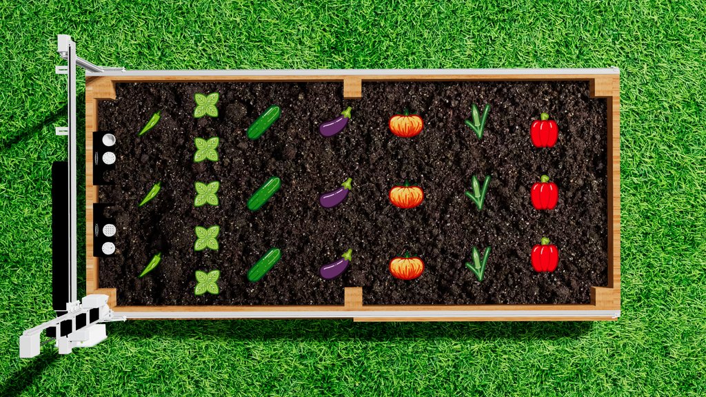What can you grow in the Summer with #FarmBot? In this example: Basil, Cucumber, Eggplant, Hillbilly Tomato, Okra, Red Bell Pepper, Runner Bean, Sweet Potato, Zucchini, Anaheim Pepper🌶️