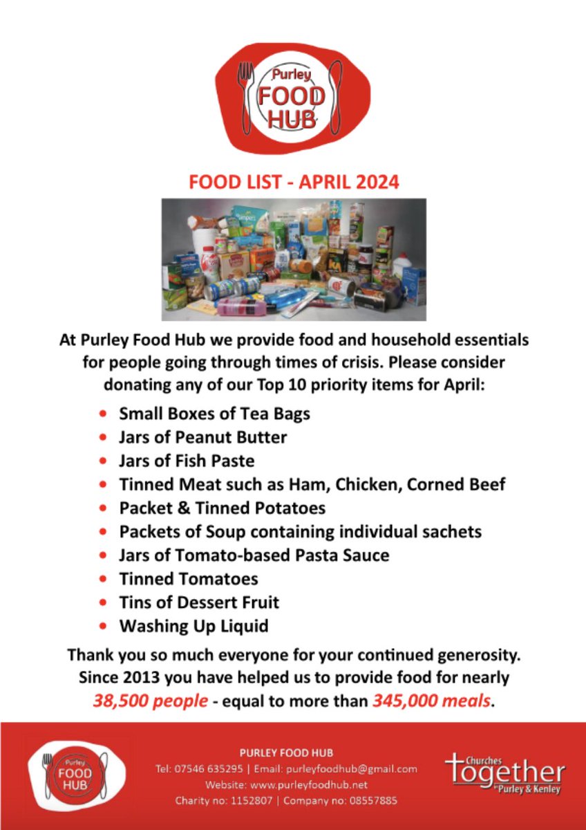 Purley Food Hub - Apr 2024. Can YOU help? croydoncc.wordpress.com/2024/04/03/pur… Drop to us, to a drop off point or direct to @PurleyFoodHub when it's open. We may be able to collect!