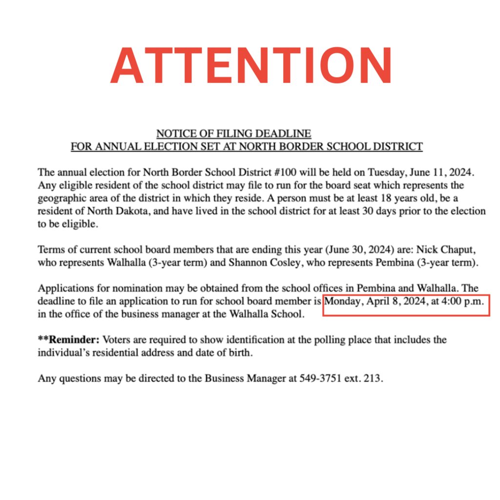 ATTENTION: Application deadline for school board member is due Apr. 8, 2024 @ 4pm.