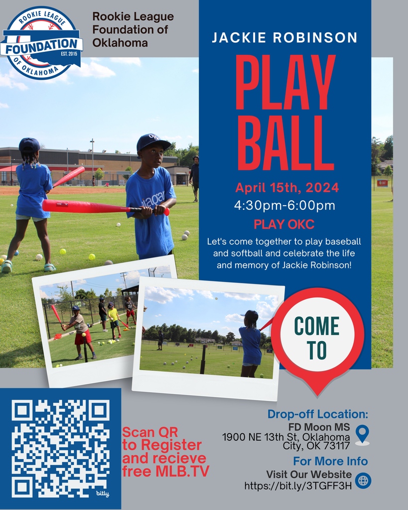 🎉 Join us for the Jackie Robinson Play Ball Clinic! ⚾️ At FD Moon Middle School on 4/15 from 4:30-6:00 PM for baseball and softball fun! 🌟 Open to kids ages 4-18! Register Here! bit.ly/3TGFF3H #JackieRobinson #PlayBall #BaseballClinic #SoftballClinic #YouthSports 🏆✨