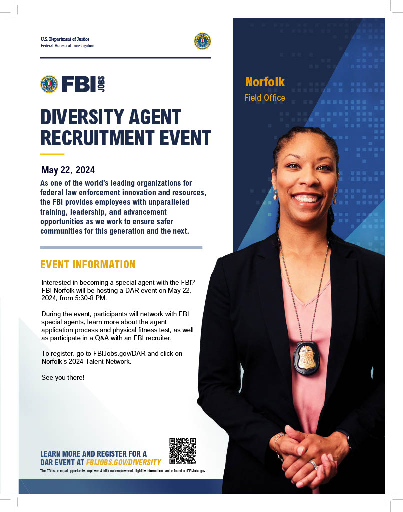 Interested in becoming an FBI Special Agent? FBI Norfolk will be hosting a 'DAR' event on May 22 for Hampton Roads residents. Participants will get to network with other agents and learn more about the application process and physical fitness test. ow.ly/YANX50QylCU