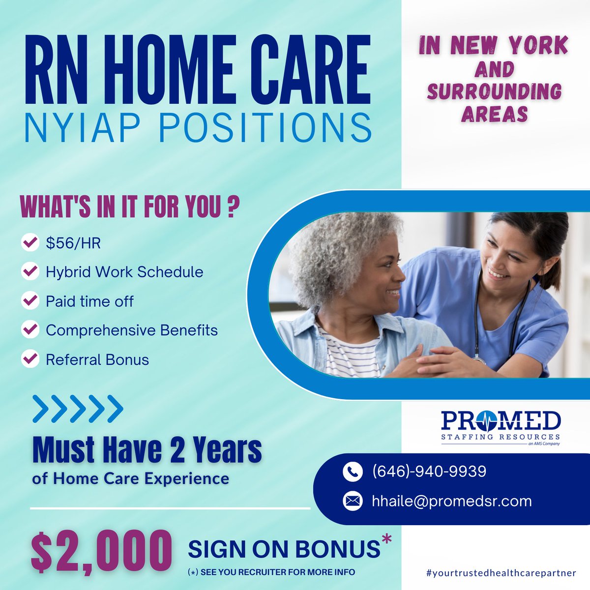 Don’t forget to ask your recruiter about the $2,000 sign-on bonus! Reach out at hhaile@promedsr.com or call (646) 940-9939 today

#promedsr #promed #uasassessment #assessmentnurses #nurseinnyc #nycjobs #staffingagency #maximus #visitingnurse #nursingagency #hiring #hiringnow